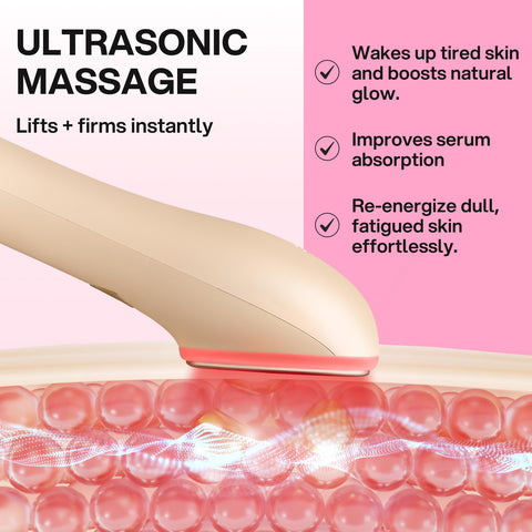 Revi Pro - Ultrasonic massage device with skin layer illustration and text on a pink background