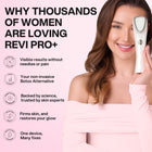 Woman holding a skincare device with promotional text about REVI PRO+ on a pink background