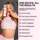 Woman using Revi Pro skincare device with a list of skin concerns addressed on the right.