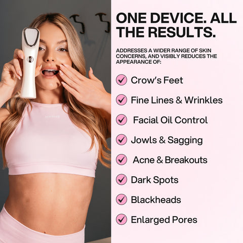 Woman using Revi Pro skincare device with a list of skin concerns addressed on the right.
