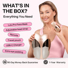 Woman holding a Lulu Pro face mask with product features listed on a white background