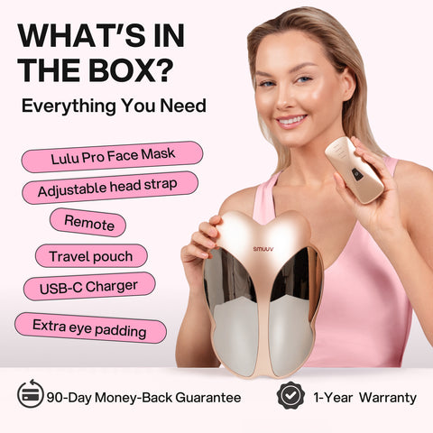Woman holding a Lulu Pro face mask with product features listed on a white background